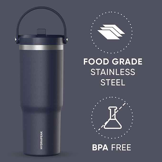Hydrapeak Nomad 32 oz Tumbler with Handle and Straw Lid, Leakproof, Double Insulated, 32oz Cup, Stainless Steel | Navy