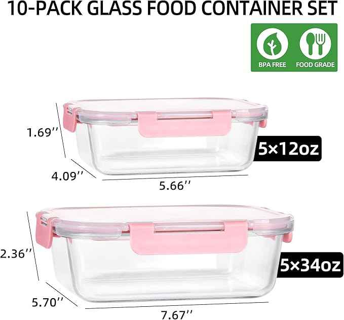 UMEIED 10 PACK Glass Food Storage Containers with Leak Proof Lids, Glass Airtight Meal Prep Containers Set for Lunch, On the Go, Leftover, Kitchen Pantry Organizers and Storage (Pink)