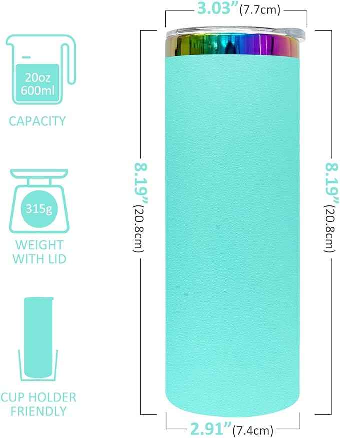 20 oz Skinny Tumblers Stainless Steel Tumbler with Lid and Straw Double Wall Vacuum Insulated Coffee Mug 20oz Powder Coated Cup for Hot and Cold Drinks(Mint Green,8 pack)