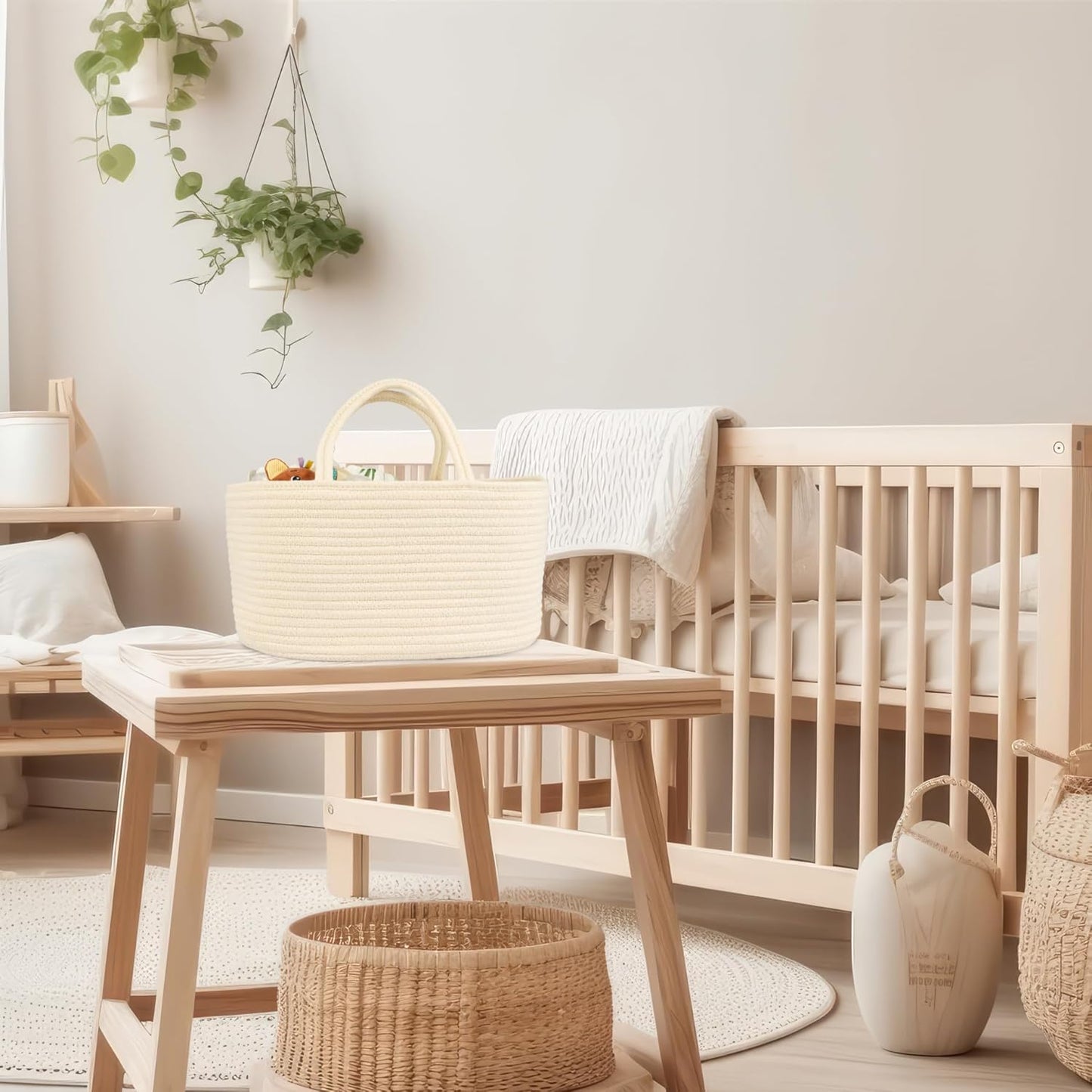 Diaper Caddy Organizer Cotton Rope Baby Basket Nursery Storage and Portable Tote Bag for Car Ideal Baby Shower Gifts and Registry Must-Have for Newborn Essentials Large beige