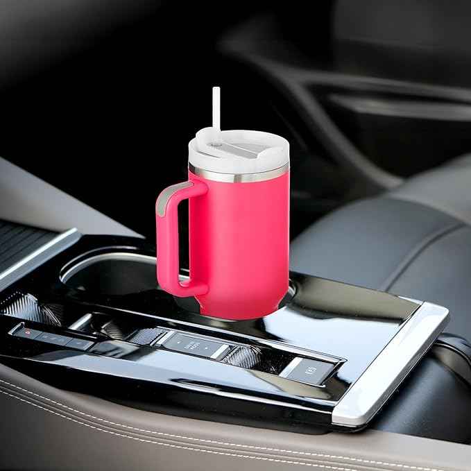 40oz Tumbler With Handle & Straw, Vacuum Insulated Stainless Steel Water Bottle With Leakproof Twist Sip Lid, Rubber Base, Dishwasher Safe, Cup Holder Friendly Travel Coffee Mug (Pink)