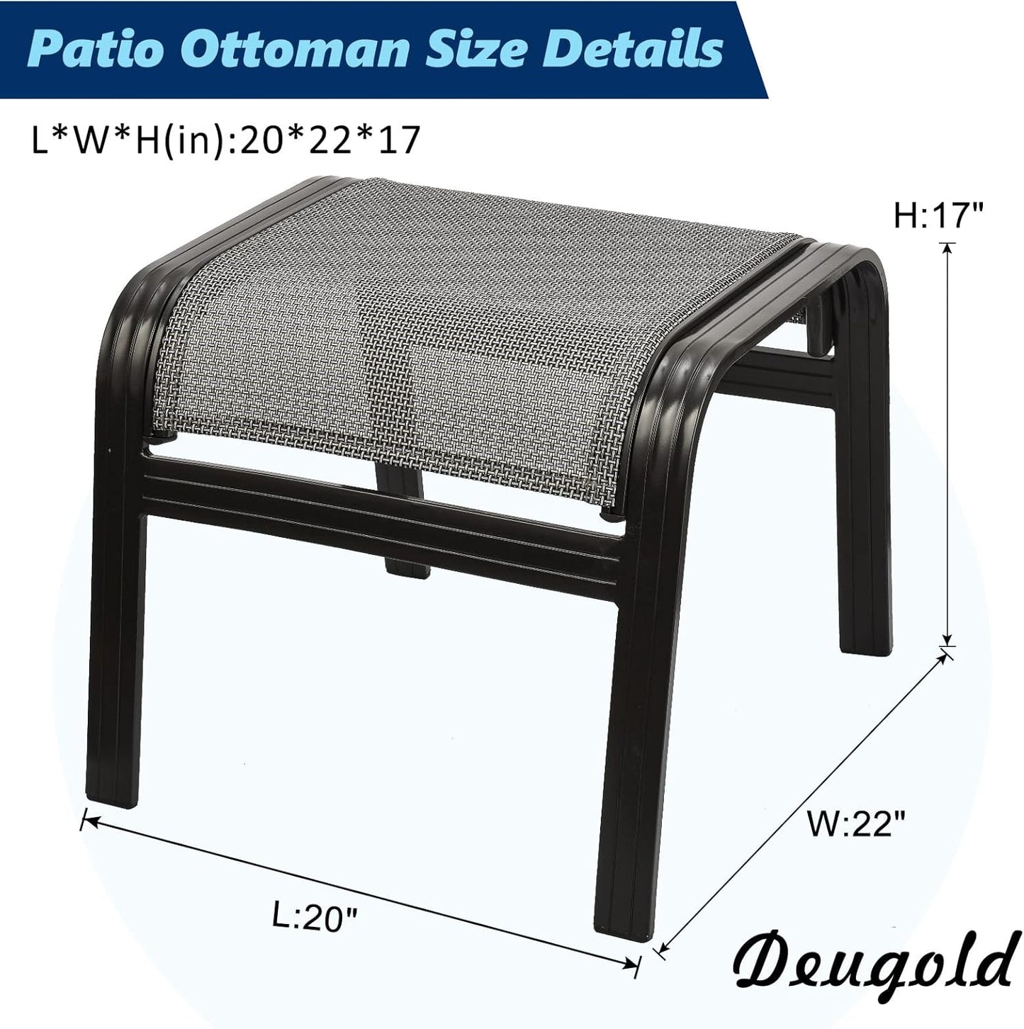 Outdoor Patio Ottoman Seat Textilene Portable Metal Footstool Portable Footrest Patio Chairs 2 Set Grey