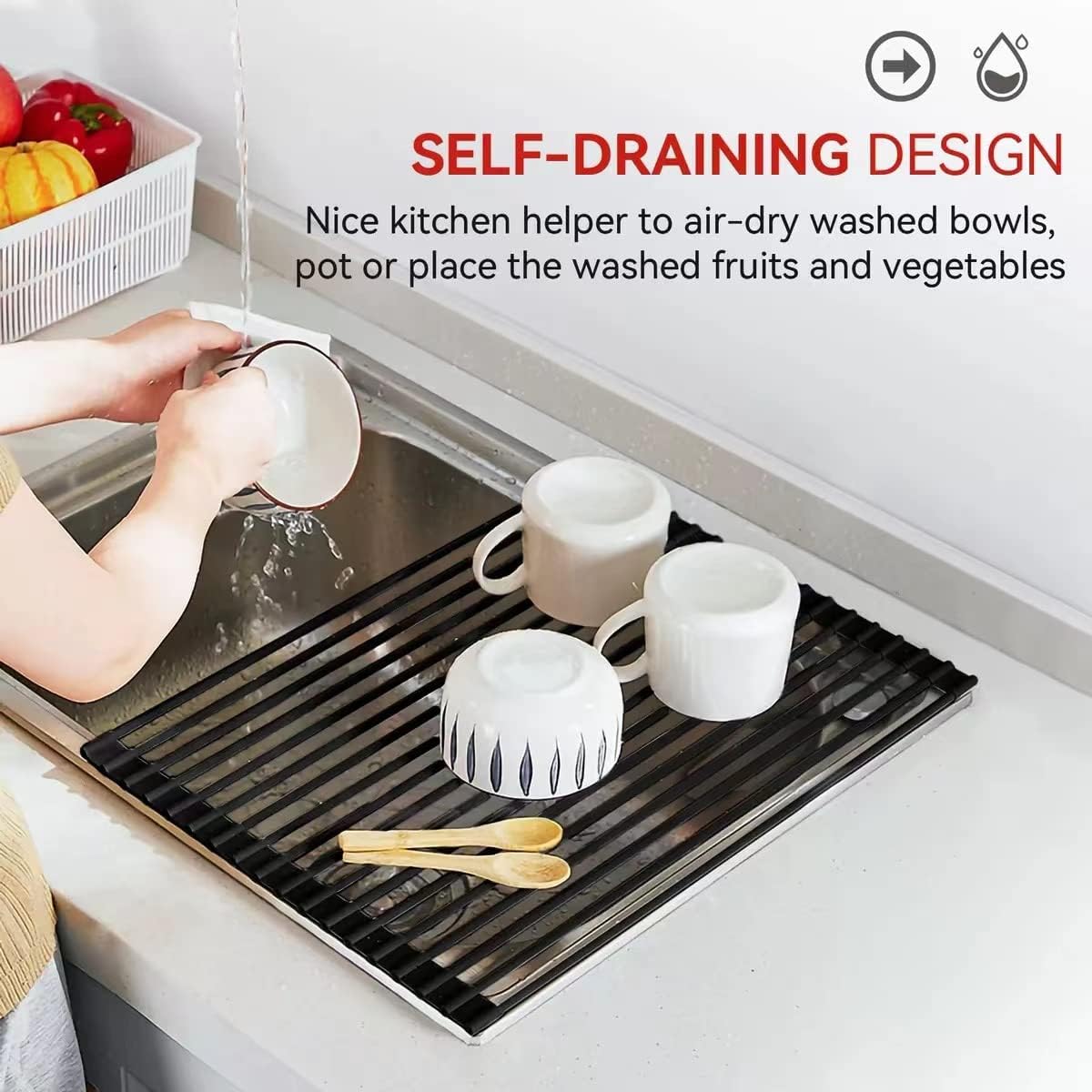 MERRYBOX 20.5" x 13" Roll Up Dish Drying Rack Silicone Wrapped Over The Sink Dish Drying Rack Multipurpose Foldable Sink Drying Mat, Heat-Resistant & Anti-Rust Dish Rack for Kitchen Sink, Large, Black
