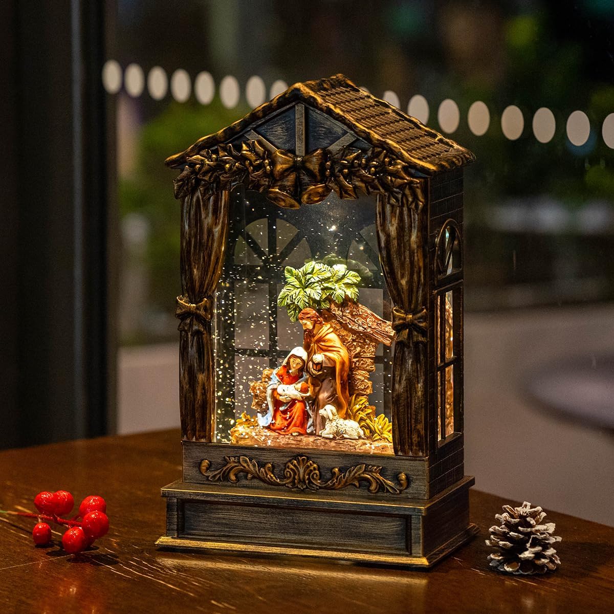 Christmas Snow Globe Swirling Glittering Holy Family Manger Scene, USB Lined/Battery Operated Lighted Water Lantern for Christmas Festival Decoration Gifts
