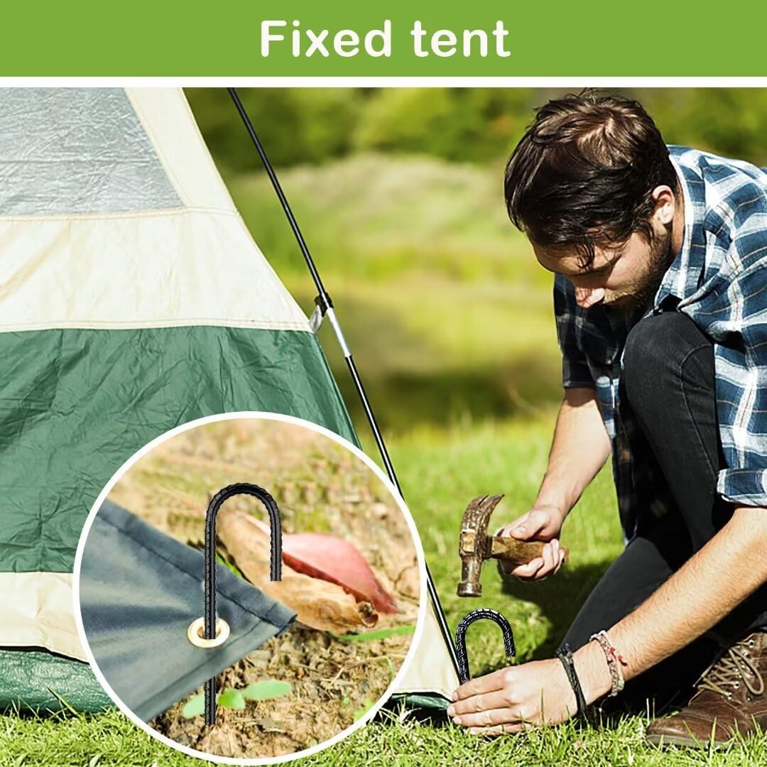 Rebar-Stakes-12-Inch, Ground Stakes Heavy Duty J-Hook Black Coated Anti-Rust Heavy Duty Ground Anchors for Garden Dog Fence Chicken Coop Christmas Decorations Deer Fence 8pcs