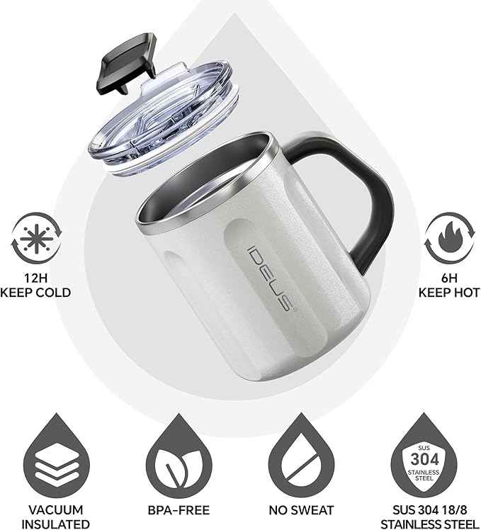 Ideus 16 oz Coffee Cup, Stainless Steel Coffee Travel Mug, Spill Proof Tea Mug with Handle and Lid, Lightweight and Durable, Great for Office Home and Outdoor Use, Snow White-FUJI FLOW