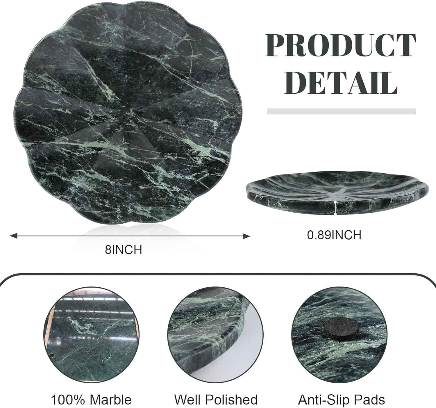 Koville Marble Tray, 8" Round Marble Vanity Tray for Jewelry Trinket Perfume, Natural Stone Tray for Bathroom Kitchen Dresser Countertop, Scalloped Decorative Tray for Home Table Decor(Green)