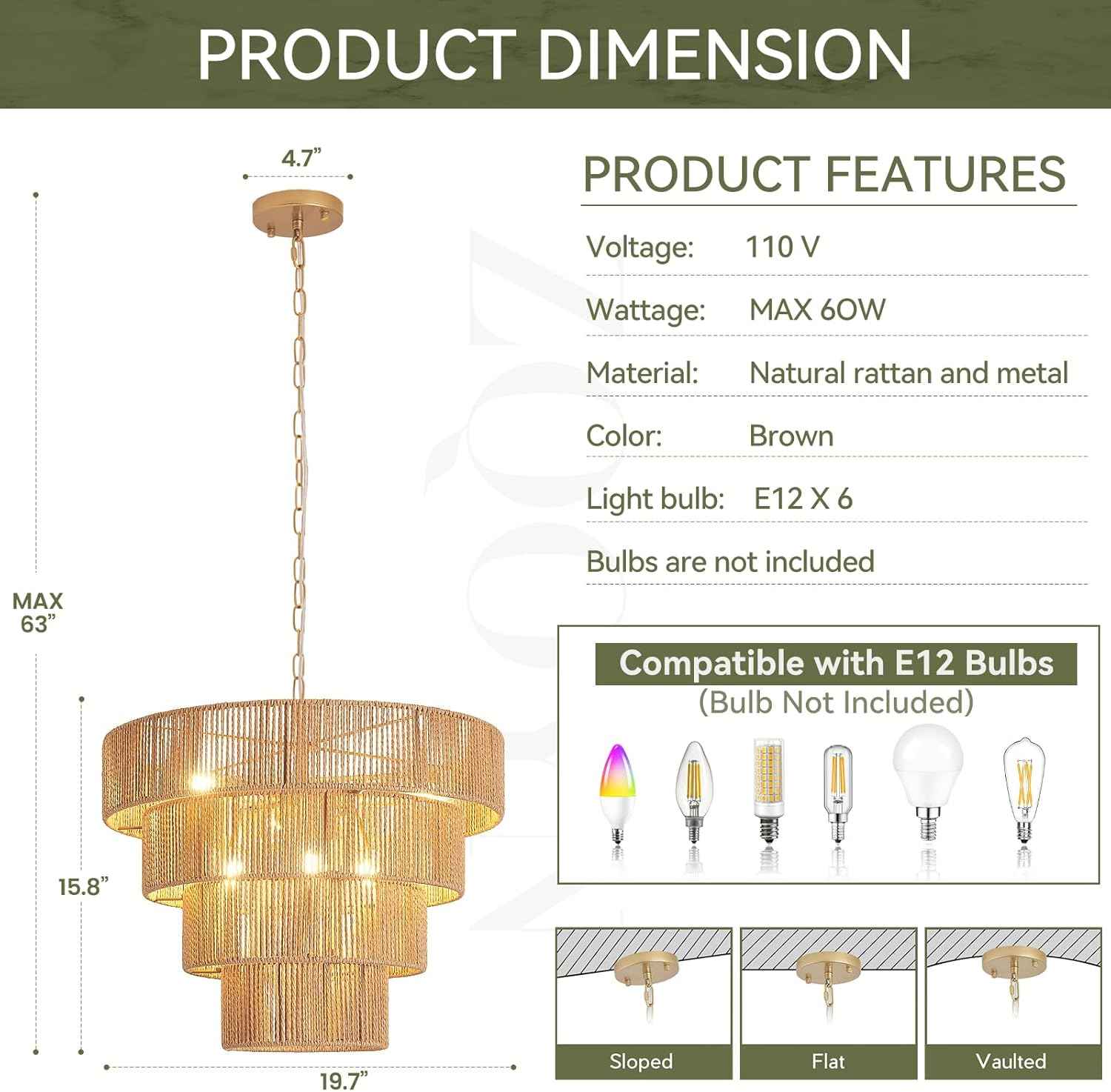 19.7” Boho Rattan Chandelier 6-Lights Hand-Woven Rattan Dining Room Light Fixture Vintage Farmhouse Chandelier Wicker Rustic Hanging Ceiling Pendant Light for Kitchen Island, Bedroom