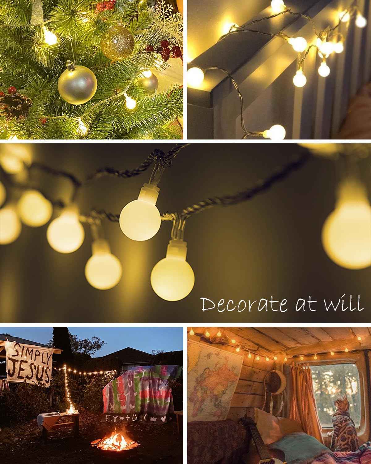Globe String Lights, 59 Ft 100 LED Christmas Lights with Remote Timer, Connectable Plug in Twinkle Lights for Bedroom Wedding Classroom Indoor Outdoor Decor, Warm White