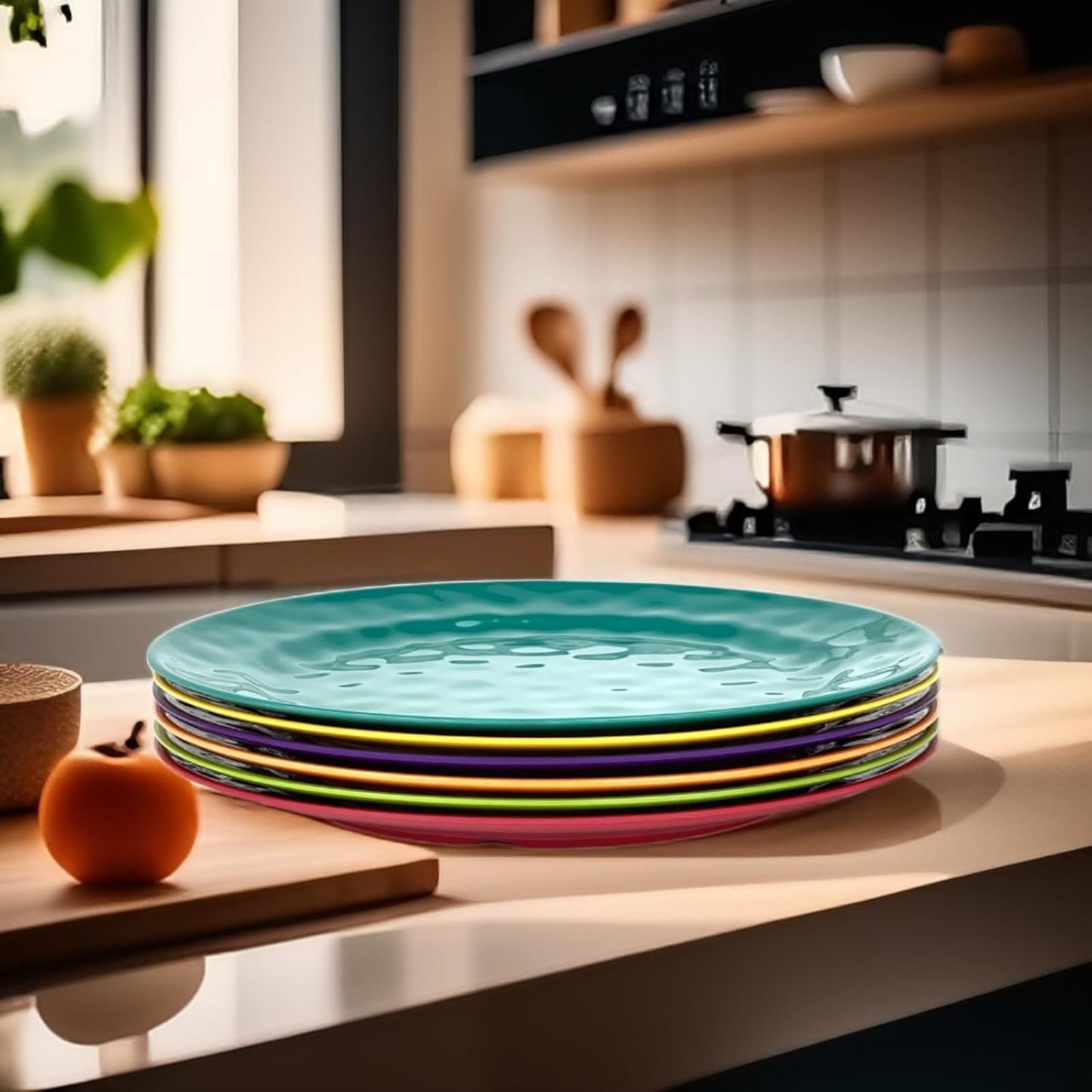 6-Piece 100% Melamine Dinner/Lunch Plate Set,10inch Round Melamine Salad Plates Picnic Plates for Holiday Home Party,Break-resistant and Lightweight,Hammered Finish,BPA Free (Multi color)