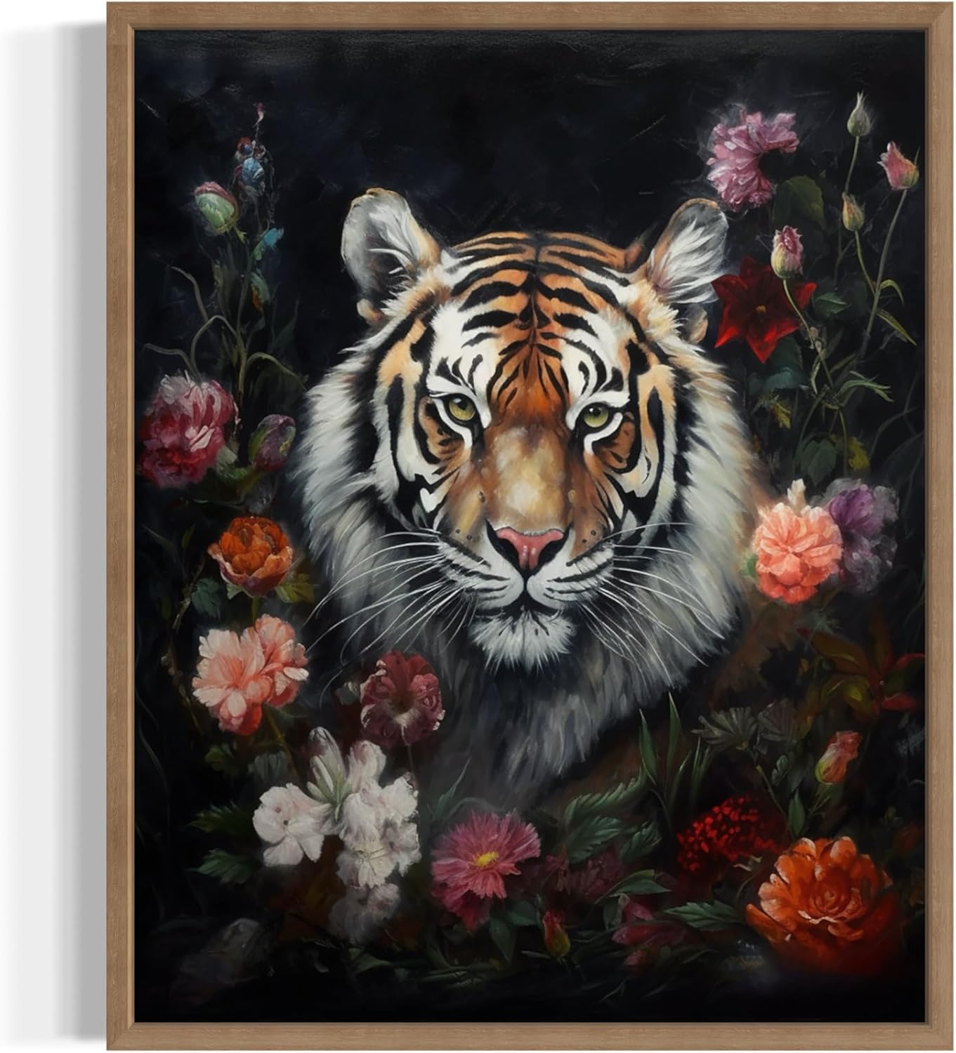 Tiger and Flower Poster Art Print, Halloween Scary Vintage Wall Art Academia Spooky Painting Decoration for Horror Prints, Gothic Posters Bedroom Decor 89 (Tiger and Flower, 11 x 14 inches, Wood Frame)
