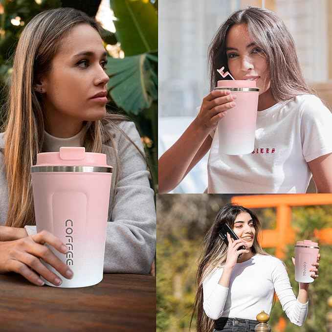 SPLMIFA Travel Coffee Mug Leak-Proof, Reusable Coffee Cups with Lids, Stainless Steel Vacuum Insulated Coffee Tumblers, Thermal Insulation Cup for Men and Women Hot & Cold Drinks(2nd-Pink White, 17OZ)