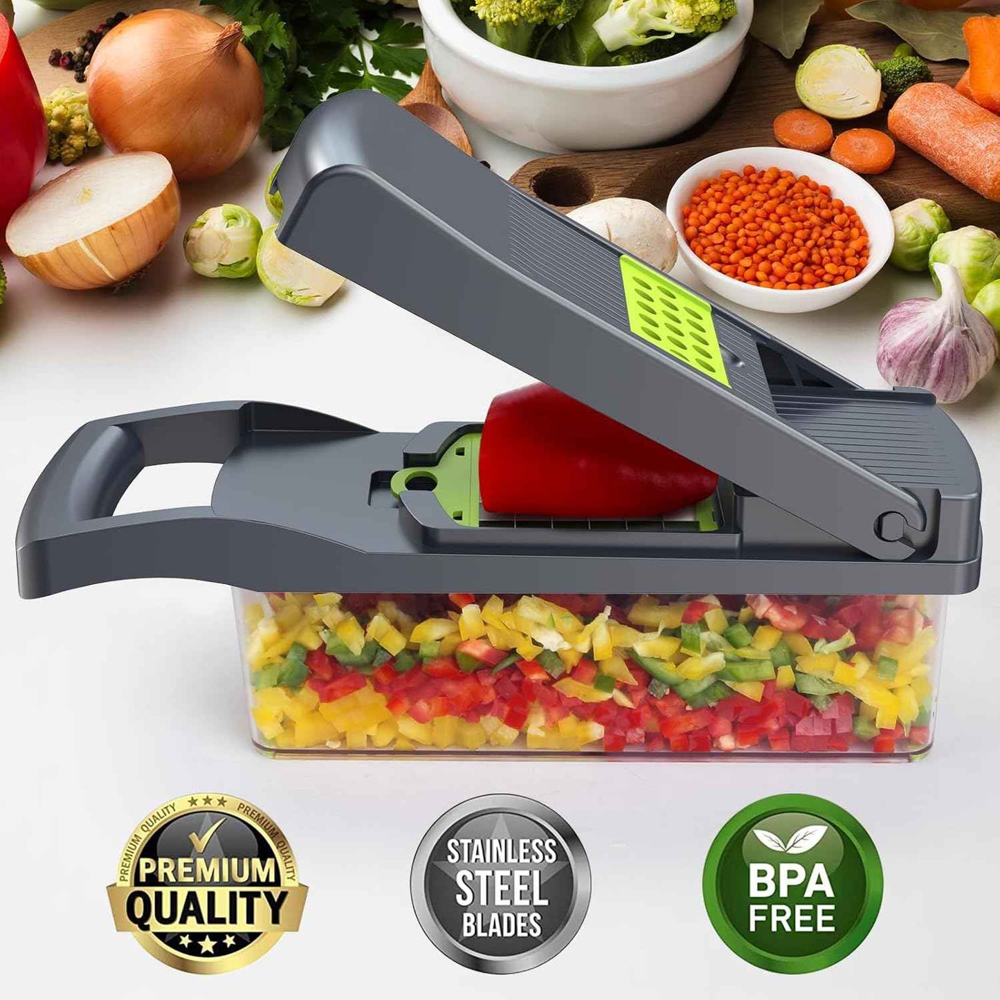 Vegetable Chopper Pro, Mandoline Slicer – 7 Stainless Steel Blades for Onion, Potato, Salad – Safe, Easy Clean & Dishwasher Safe Kitchen Gadget – Ideal for Parents, RV