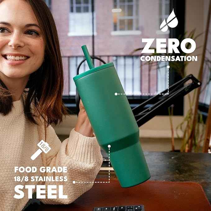 Elemental 40 oz Tumbler with Handle and Straw - Spill Proof Insulated Stainless Steel Commuter for Cold Beverages - Travel Coffee Mug with 2 Straws & Spill Proof Lid - 40oz - Forest Green