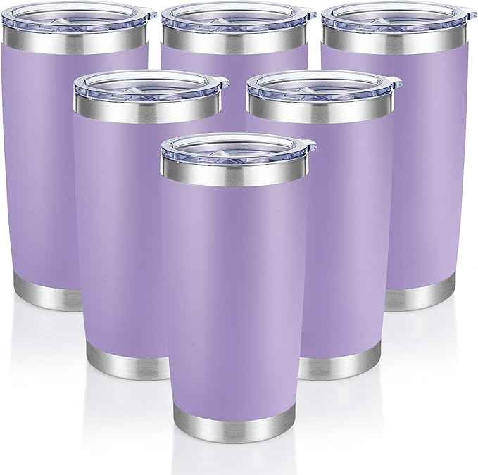 20 oz Tumblers Bulk Stainless Steel Tumbler with Lid Double Wall Vacuum Insulated Coffee Mug 20oz Powder Coated Cup for Hot and Cold Drinks, Purple, 6 pack