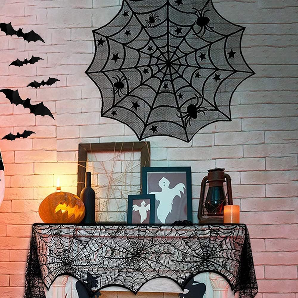 Hommtina 4 Pack Halloween Decorations Tablecloth Runner Black Lace Round Spider Cobweb Table Cover Fireplace Mantel Scarf Spiderweb with 60 Pcs 3D PVC Scary Black Bat Sticker Halloween Party Supplies