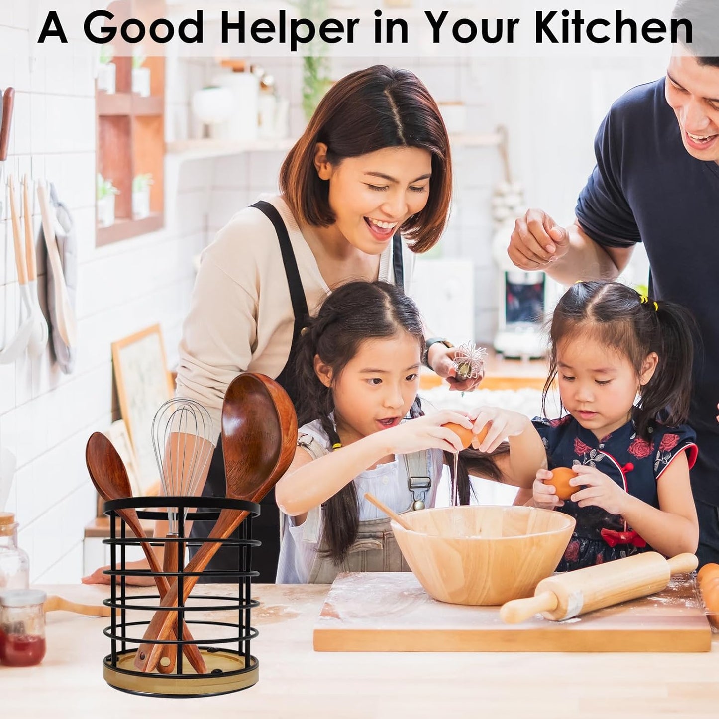 Black Kitchen Utensil Holder for Countertop, 360° Rotating Cooking Utensils Holder Caddy for Kitchen Counter-top, 5.2" x 6" Large Cylinder Spatula Holder Crock for Farmhouse Décor