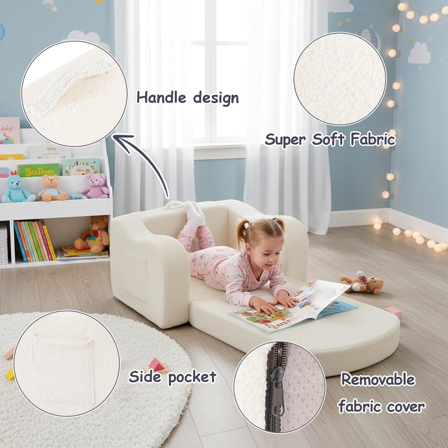 Tiita Kids Chairs for Toddler, 2-in-1 Toddler Soft Sherpa Couch Fold Out, Convertible Sofa to Lounger for Girls and Boys, Beige