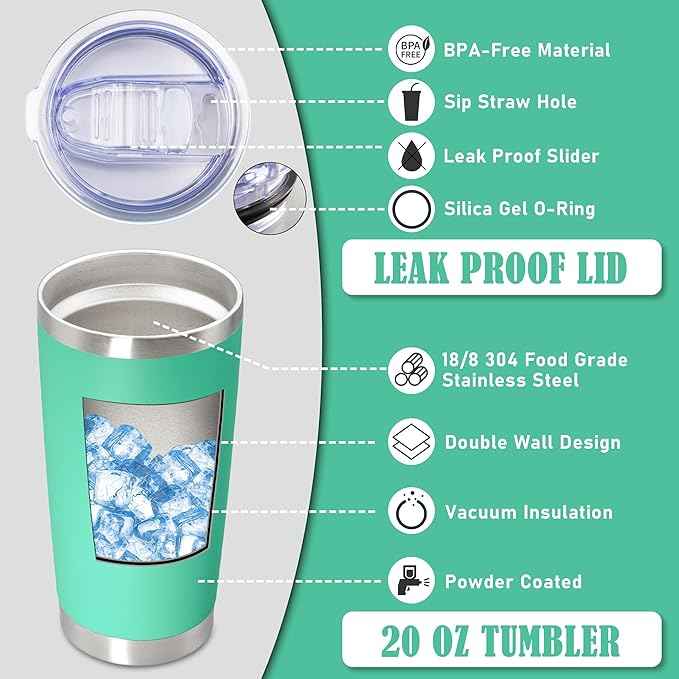 20 oz Tumbler Coffee Travel Tumblers Bulk with Lid Stainless Steel Double Wall Vacuum Insulated Mug Powder Coated Cups fit Car Cupholder for Hot and Cold - Light Blue, 8Pack