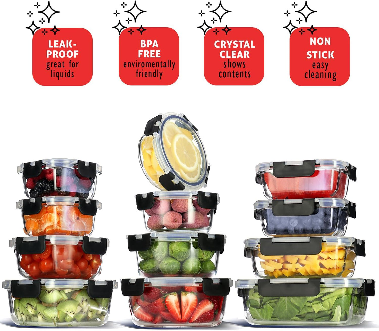 EATEX 48pc Glass Storage Containers with Lids, 24 Set Glass Food Storage Containers with 24 Airtight Lids, Pantry Kitchen Meal Prep Containers for Lunch, Freezer Storage Containers, Dishwasher Safe