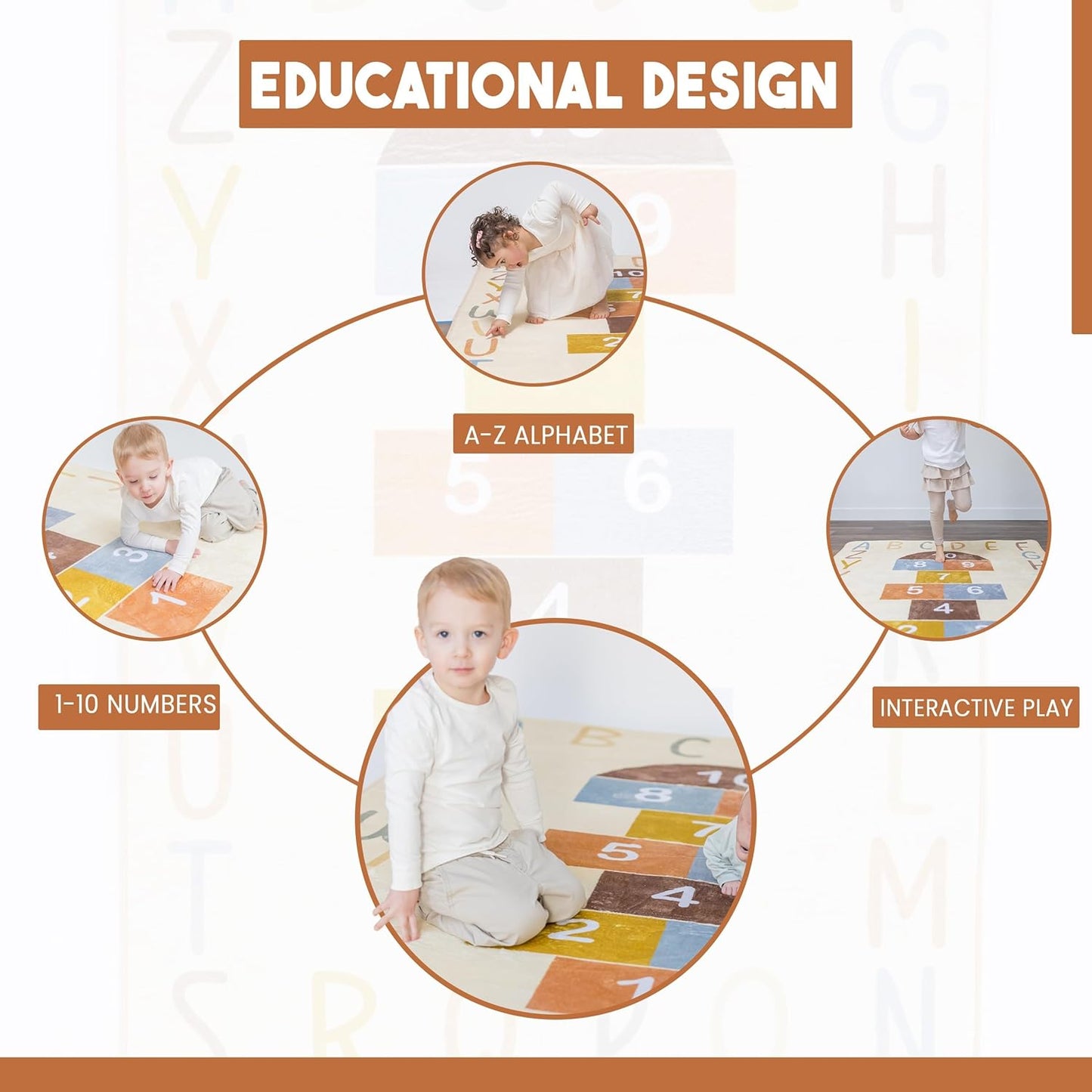 Washable Hopscotch Rug for Kids | Educational ABC & Numbers Carpet for Toddler Playroom or Classroom | 4.6' x 6.5' Non-Slip Play Mat | Neutral Decor