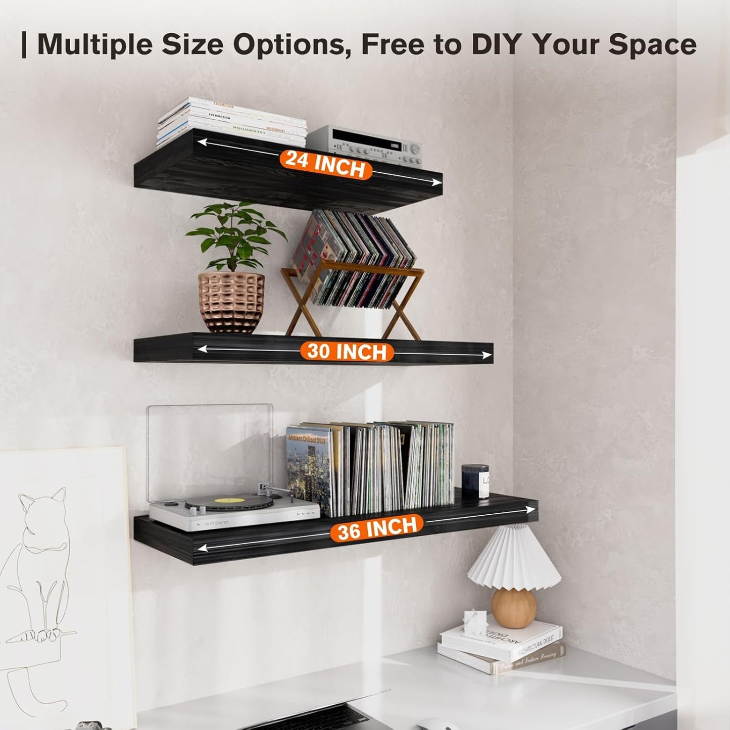 Floating Shelf, Set of 2 Wall Shelf, 36 in W x 12.75 in D x 2 in H Wooden Floating Wall Shelf with Invisible Brackets for Living Room/Bedroom/Bathroom/Kitchen Storage and Decor, Black Wood