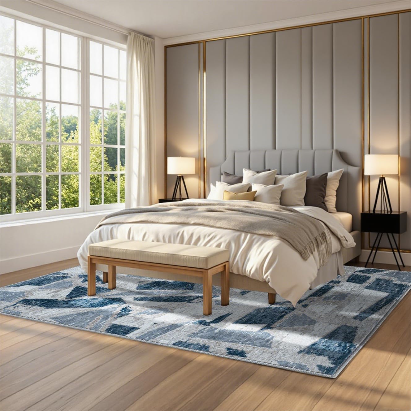 Blue 5X7 Area Rugs for Living Room Bedroom,Modern Abstract Large Carpet Washable Rugs 5X7 for Dining Room Office,Non Slip Print Faux Wool Thin 5 by 7 Indoor Nursery Kids Home Pet & Child Friendly
