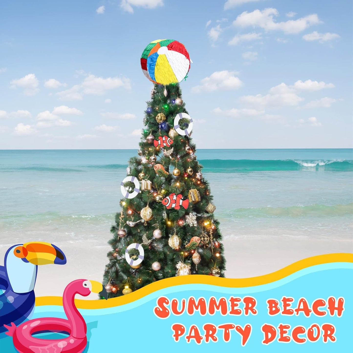 Retisee 7.8'' Summer Beach Ball Tree Topper Hawaiian Party Decoration Summer Tree Ornaments Pool Party Supplies for Home Indoor Holiday Outdoor Beach Decor