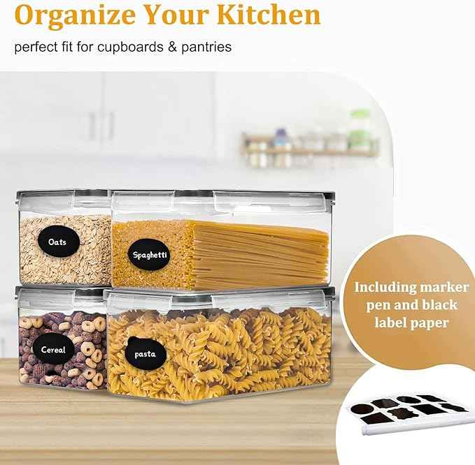 Airtight Food Storage Containers with Lids, BPA-Free Plastic Canisters for Pasta, Spaghetti & Kitchen Pantry Organization 4pcs (3.2L)