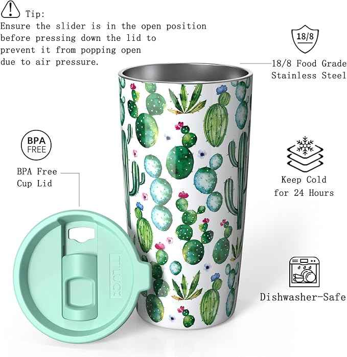 TILUCK 20 oz Insulated Tumbler with BPA-Free Lid, Stainless Steel Vacuum Travel Coffee Mug, Double Wall Coffee Tumbler（20oz，Cactus）