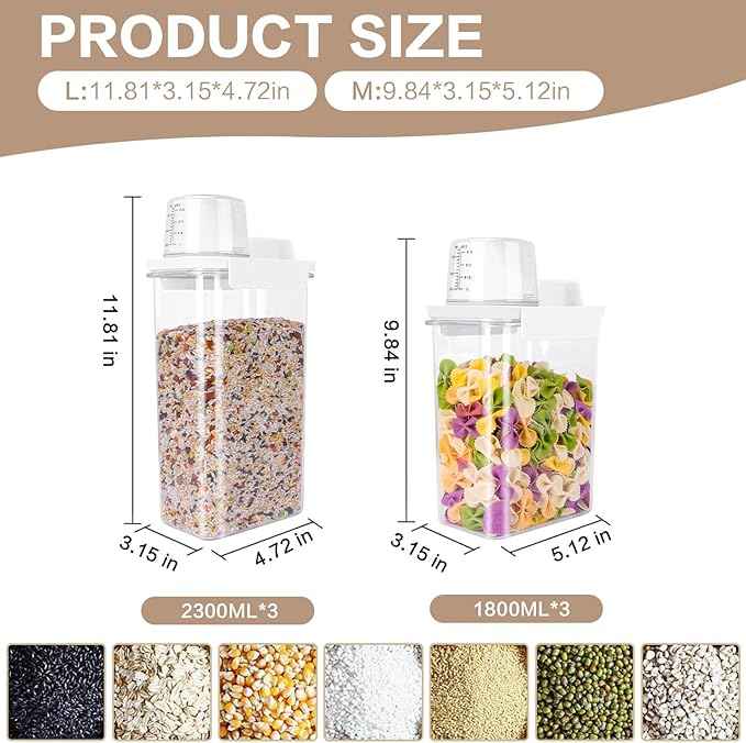 Air Tight Cereal Container Organizer Set of 6 - 1800ML & 2300ML Total 417oz, Dry Food Storage for Pet Food, Rice, Oatmeal with Pour Spout Lid and Plastic Small Measuring Cup for Flour and Sugar