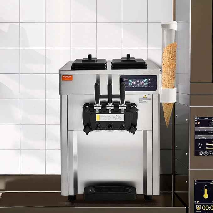 VEVOR Commercial Ice Cream Machine, 18-28 L/H Yield, 1850W 3-Flavor Countertop Soft Serve Ice Cream Maker, 2 x 5.5L Stainless Steel Cylinder, LED Panel Auto Clean Pre-cooling, for Restaurant Bars
