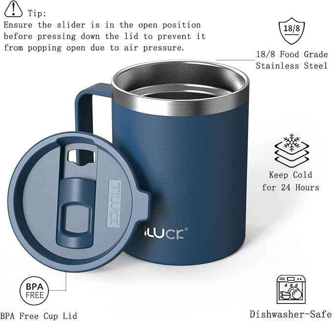TILUCK 12 oz Insulated Coffee Mug with Lid, Double Wall Vacuum Insulated Travel Mug Cup with Handle for Hot or Cold Drinks（12oz，Matte DarkBlue）