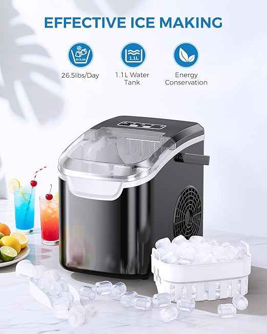 COWSAR Ice Maker Countertop, Portable Ice Machine with Self-Cleaning, 26.5 lbs/24Hrs, 8 Ice Cubes in 6 Mins, Ice Basket and Scoop, Ideal for Home, Kitchen, Bar, Camping