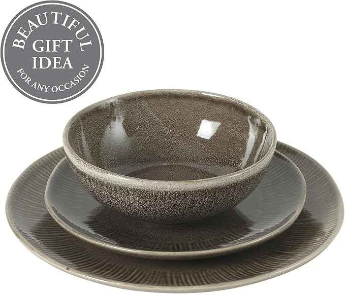 Gibson Elite Sandy Pines Stoneware Plates and Bowls Set - 12 Piece Reactive Glaze Dinnerware Set - Service for 4 - Dishwasher and Microwave Safe - Brown