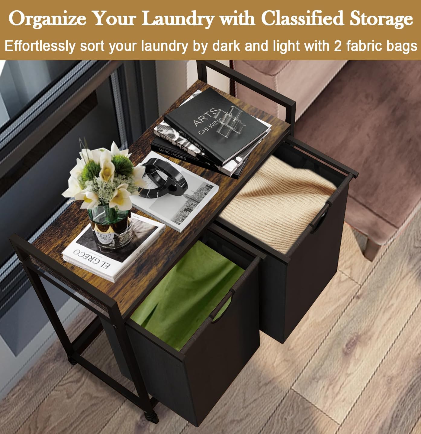 Double Laundry Hamper with Wheels & 2 Pull Out Section Removable Bags, Extra Large Dual Rolling Laundry Sorter Basket Organizer with Shelf for Bathroom, Bedroom, Laundry Room, 2 x 9Gal, Black