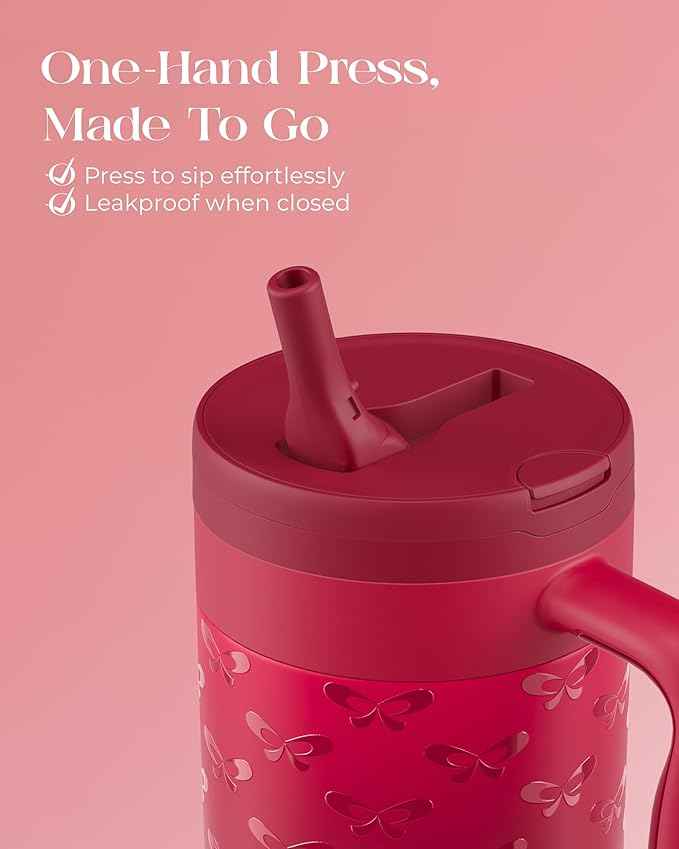 40 oz Insulated Tumbler with Handle and Push-Button Straw Lid, Stainless Steel Travel Cup for Gym Office, Leakproof, BPA-Free, Cup Holder Friendly, Bow Silicone Boot, Red (Coquette Cherry)