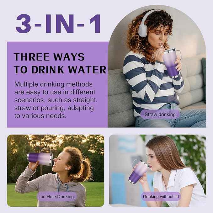 30 oz Tumbler with Handle, Stainless Steel Insulated Tumbler with Lid and Straw, Double Wall Vacuum Coffee Mug Tumbler, Insulated Coffee Thermal Cup for Cold and Hot (Light Dark Purple)