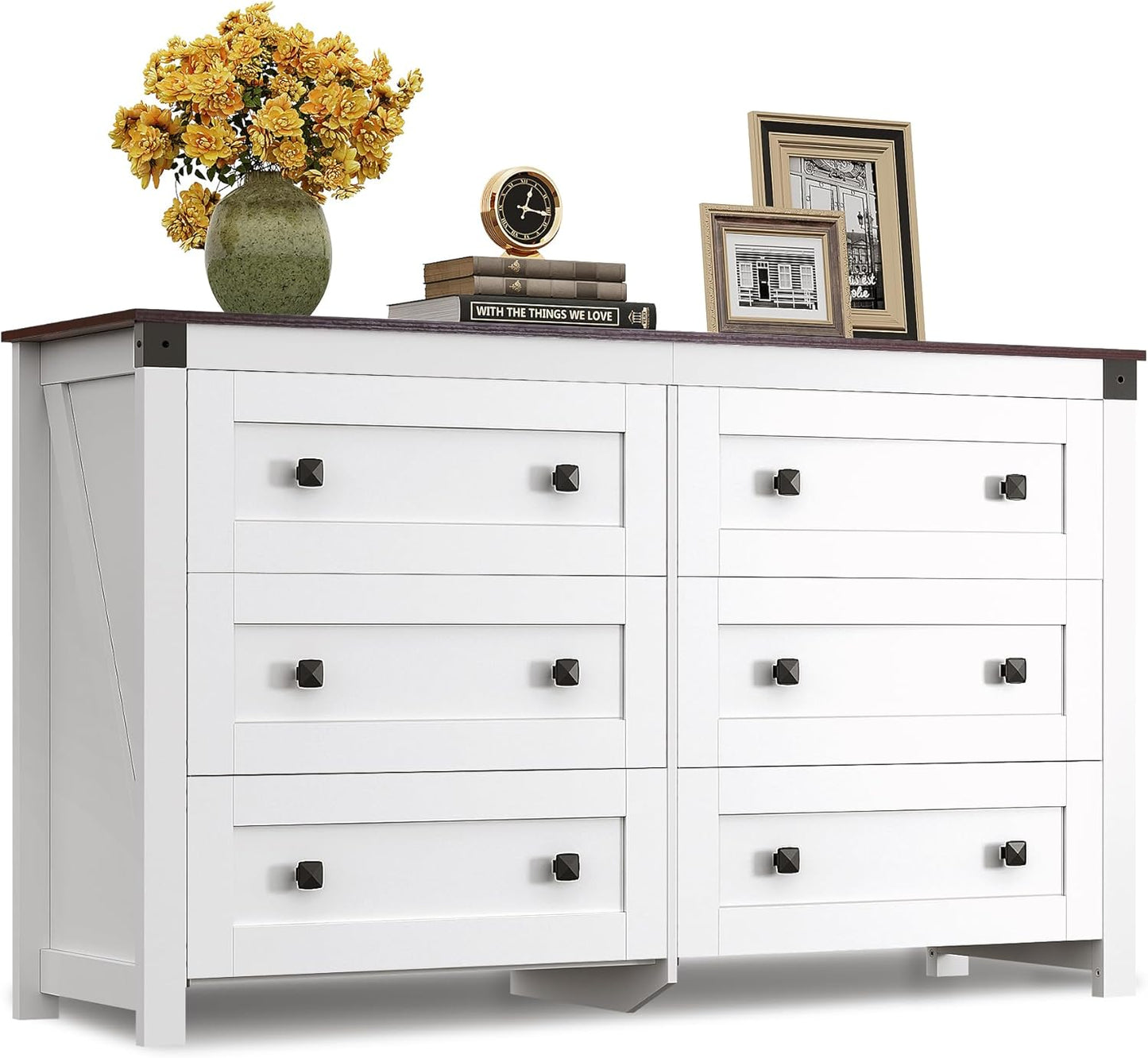 WLIVE Farmhouse 6 Drawer Dresser for Bedroom, 53.07'' Wide Wood Dresser, White Dressers Storage Organizer with Double Rustic Handle, TV Stand for 60 inch TV, Chest of Drawers for Living Room, Hallway