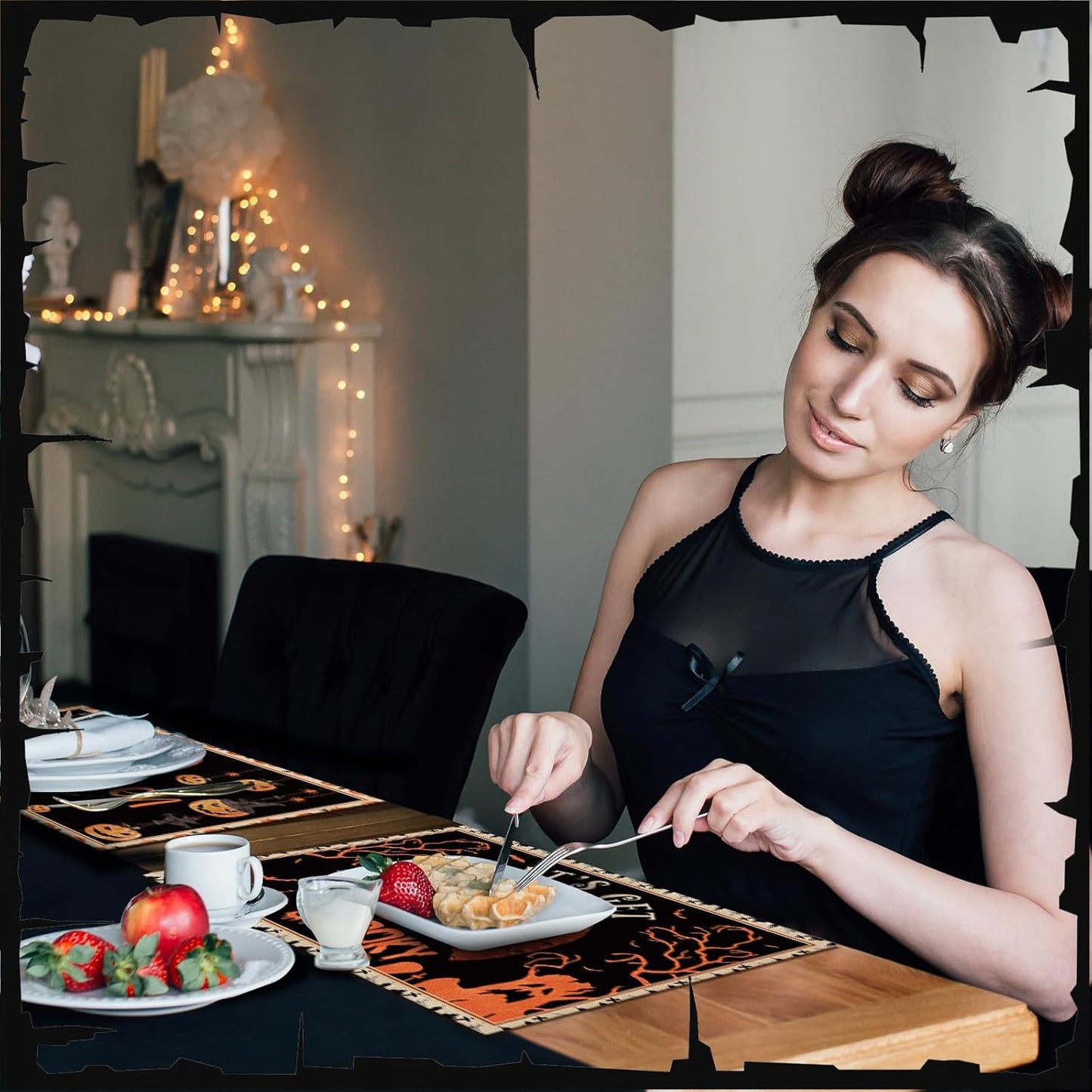 Umigy 6 Pcs Halloween Placemats 12"x18" Gothic Bat Placemats Kitchen Decoration Washable Witch Place Mats Rectangle Skull Table Mats for Halloween Dining Table Accessories(Classic)