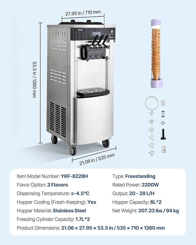 VEVOR Commercial Ice Cream Machine, 20-28L/H Yield, 2200W 3-Flavor Freestanding Soft Serve Ice Cream Maker with 2 x 6L Hoppers & Hopper Agitation, Pre-Cooling Self-Cleaning for Snack Dessert Shops