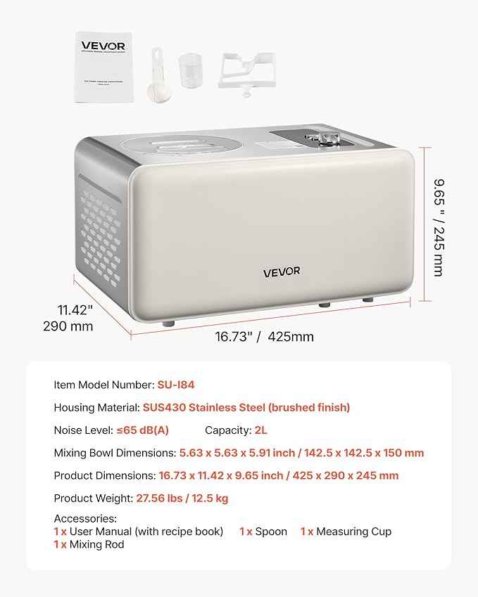 VEVOR Automatic Ice Cream Maker with Built-in Compressor, 2 Quart No Pre-freezing Gelato Maker, Electric Sorbet-Maker, 3 Modes Compressor Ice Cream Machine for Home Kitchen