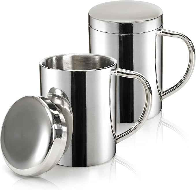 Yesland 2 Pack 13.5 oz (400ml) Stainless Steel Double-Walled Metal Mugs - Perfect Size for Coffee & Tea, Insulated Cup with Lid and Handle, Thermal Camping Mugs for Hot and Cold Drinks