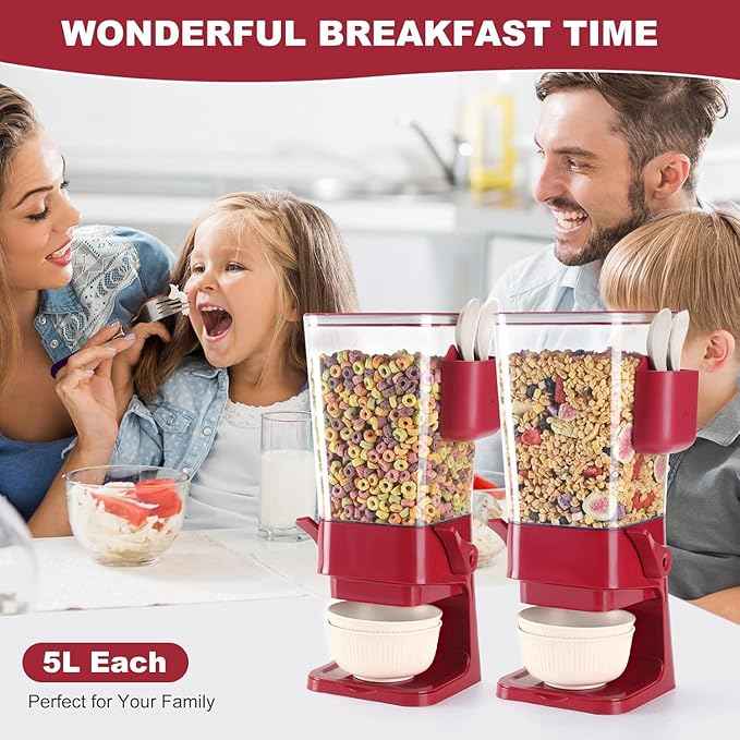 Osacoe Cereal Dispenser Countertop Red 2 Pack with Creal Bowls Spoons Cutlery Box, Cereal Containers Storage - Not Easy to Crush Food, Dry Food Dispenser For Pantry Candy Snack