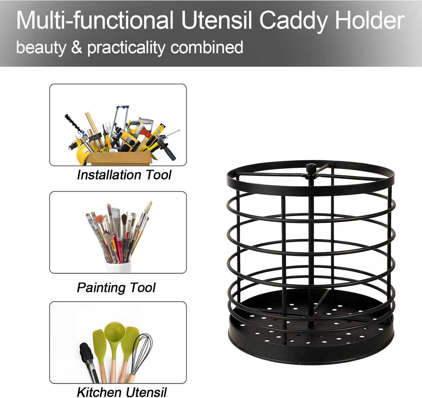 KOLUTI 360° Rotating Kitchen Utensil Holder Organizer, 7.2" x 7" Extra Large Cooking Tool Storage Round Caddy, Weighted Base with Drain Hole, Wire Metal Flatware Crock for Countertop, Paint Black