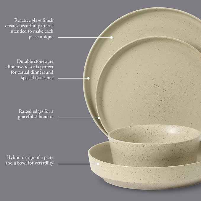 Gibson Elite Overbrook 16-Piece Pottery Clay Stoneware Dinnerware Set – White Reactive Glaze, Stackable Plates and Bowls w/Pasta Bowl, Service for 4 – Microwave & Dishwasher Safe