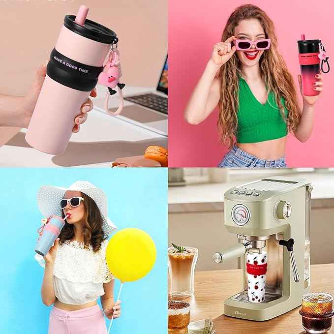 24 oz Stainless Steel Tumbler with Straw, Water Bottle Leak Proof for Hot and Cold, iced Insulated Coffee Travel Mug, Cherry Ceramic Lined Tumbler, Reusable Thermal Coffee Cup Gift for Women