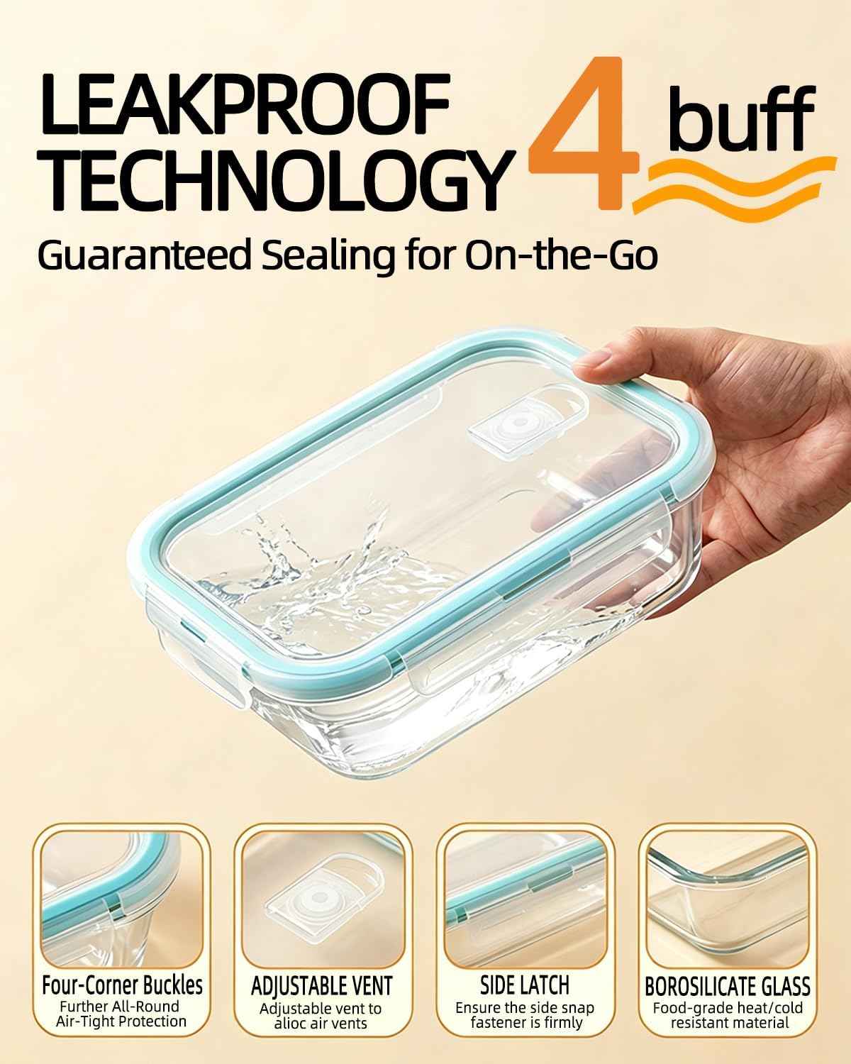 8 Pack Glass Meal Prep Containers with Lids, Glass Food Storage Containers with Airtight Vent Hole Lids, Lunch Containers Sets with lids Glass, Microwave Oven Freezer Dishwasher Safe