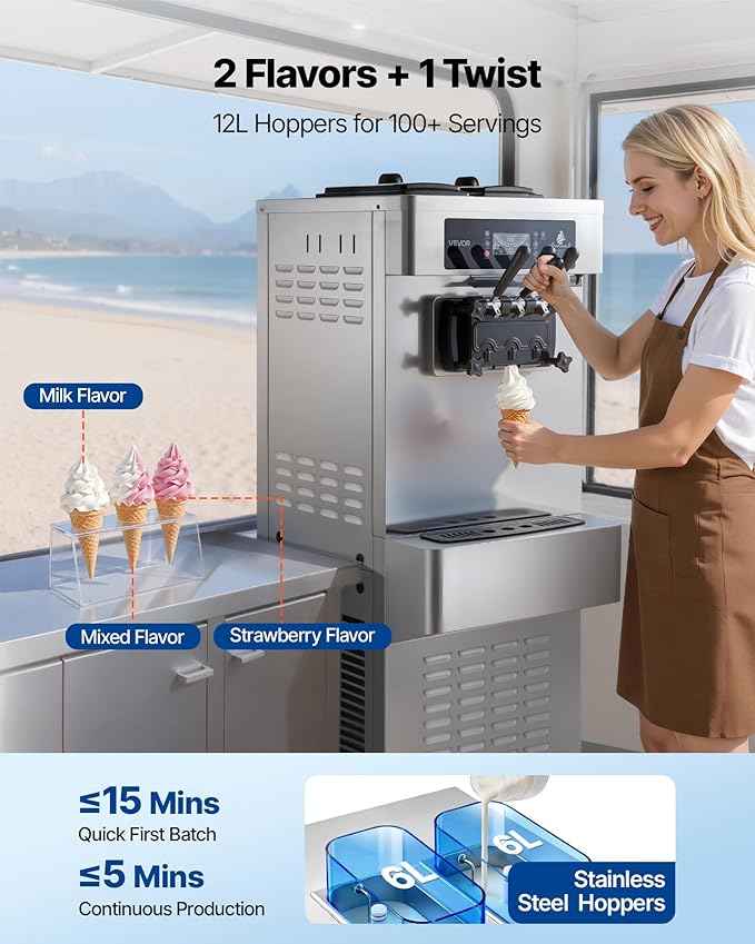 VEVOR Commercial Ice Cream Machine, 20-28L/H Yield 2200W Freestanding Soft Serve Ice Cream Maker with 3-Flavor, 2 x 6L Hoppers, Puffing Pump, Pre-Cooling Low-Mix Alert, Ideal for Snack Dessert Shop