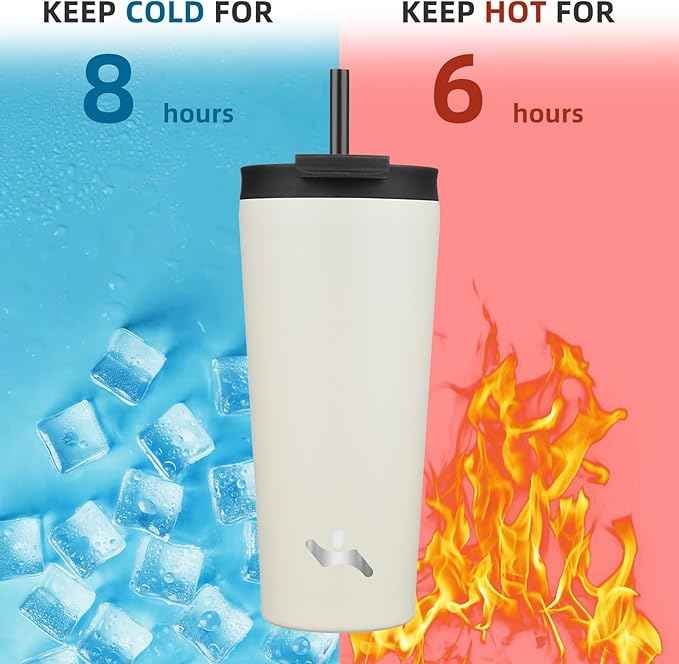 Konokyo 22 OZ Insulated Tumbler with Lid and 2 Straws Stainless Steel Water Bottle Vacuum Travel Mug Coffee Cup,Angel White